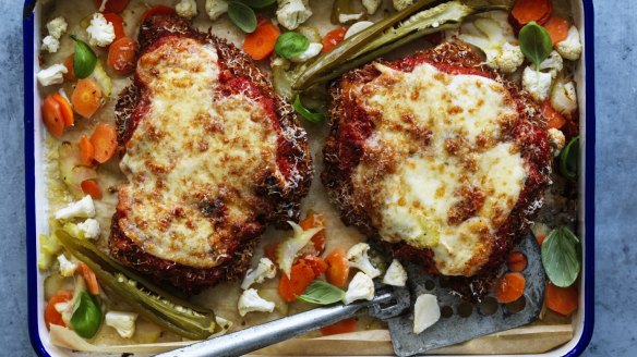 Chicken parmigiana with giardiniera pickle ("from the garden").