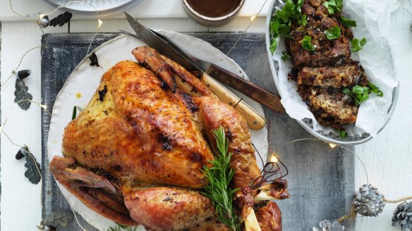 Jill Dupleix's dry-brined turkey with herb and lemon stuffing and Vegemite gravy.