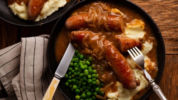 Comfort food classic: Bangers and mash with a rich onion gravy.