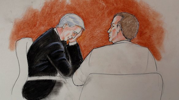 In this courtroom sketch, David Mueller, a former radio DJ, left, sits with his attorney during the trial.