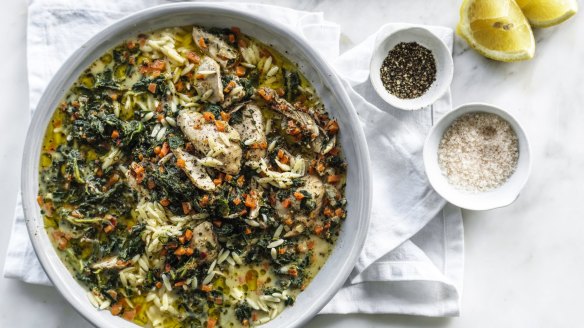 Danielle Alvarez's lemony chicken and orzo stew uses chicken drumsticks (and often overlooked cut of chook) and frozen spinach, with the added bonus of vitamin C from the lemon (