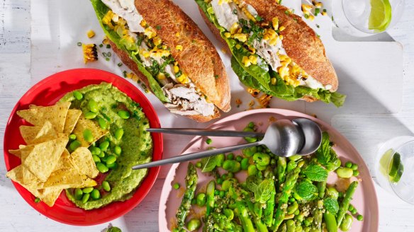 Clockwise from top: Barbecue chicken baguettes; Green tabbouleh; Edamame and avocado dip with tortilla chips.