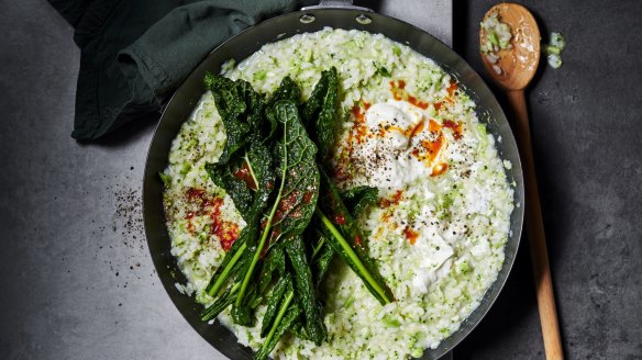 Broccoli  risotto topped with kale, harissa oil and goat's curd.