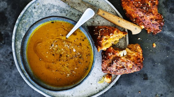 Dan Lepard's garlic, sweet potato and chickpea soup with spiced red onion and feta scones (