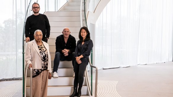 The team who will lead the extended food and beverage options across the expanded Art Gallery of New South Wales: Aunty Beryl Van Oploo, Clayton Wells, Matt Moran and Palisa Anderson, in the Art Gallery of New South Wales new building.