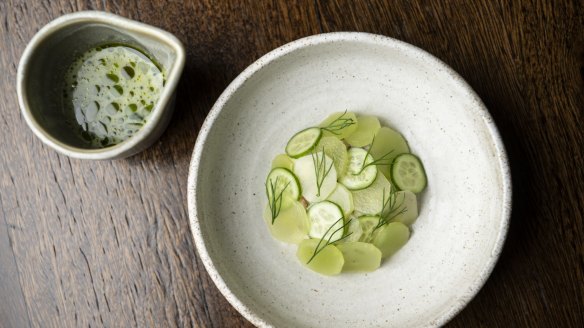 Moreton Bay bug meat with slices of celtuce and cucumber, and celtuce and buttermilk dressing.