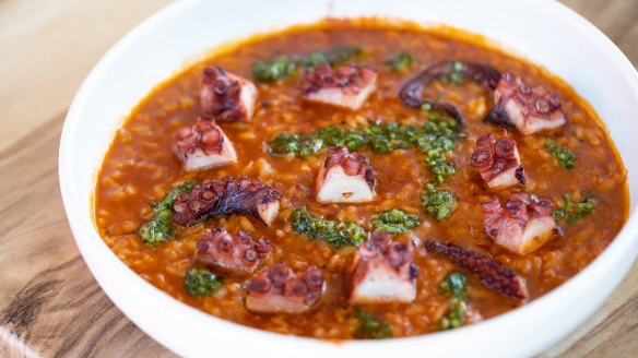 Octopus with rice and tomato.