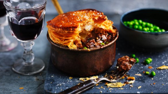 Neil Perry's beef and pea pot pie with a puff pastry lid.