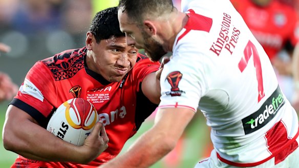 Don't argue: Jason Taumalolo pushes Luke Gale out of the way. 