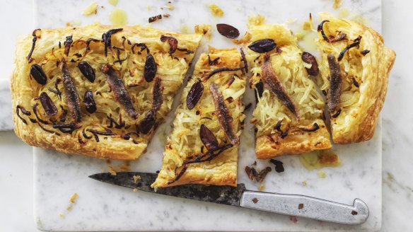 Andrew McConnell's anchovy, onion and olive tart.