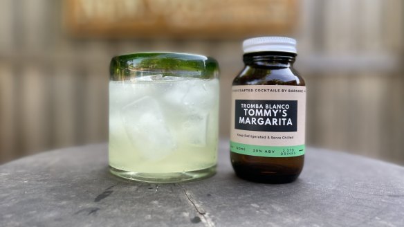 A bottled Tommy's Margarita from Bar None in Camberwell. The pill bottle design is inspired by the history of cocktails, when the drinks were considered tonics or elixirs.