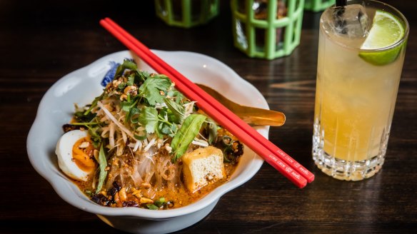 Bean curd laksa with a house-made soda at Long Chim.