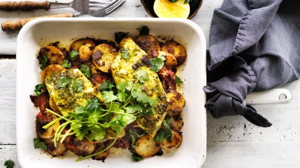 Neil Perry's blue eye trevalla with Moroccan style potatoes and tomatoes
