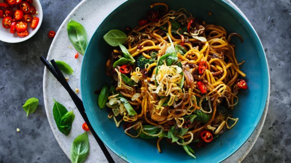 Stir-fries, such as Adam Liaw's chicken and broccoli hokkien noodles (