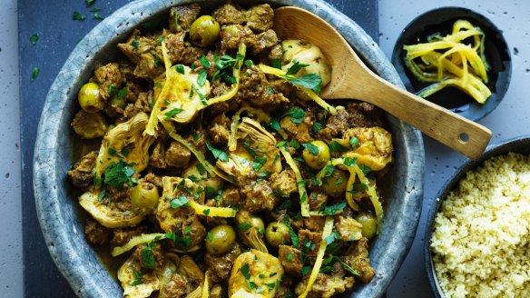 Neil Perry's lamb tagine with artichokes, preserved lemon and green olives.