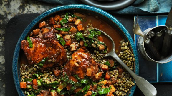 Neil Perry's braised chicken with lentils and vegetables.