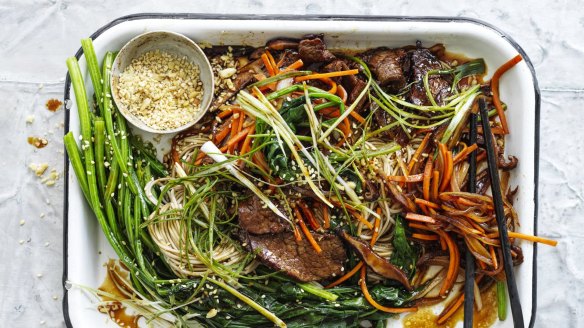 Warm beef noodle salad.