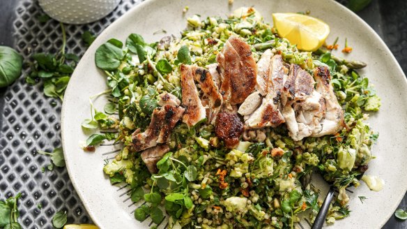 Spring on a plate: Grilled chicken with spring green tabbouleh.