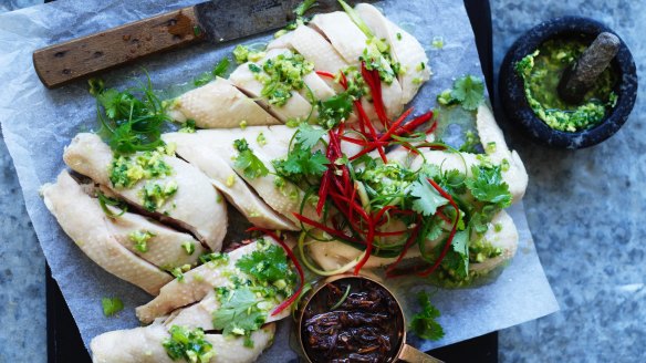 Kylie Kwong's whole poached chicken served with two dipping sauces (