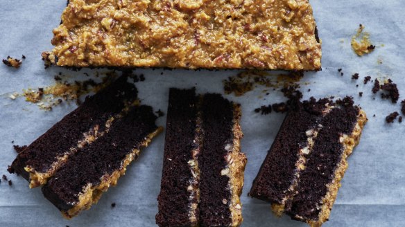 Chocolate layer cake with pecan and coconut icing.
