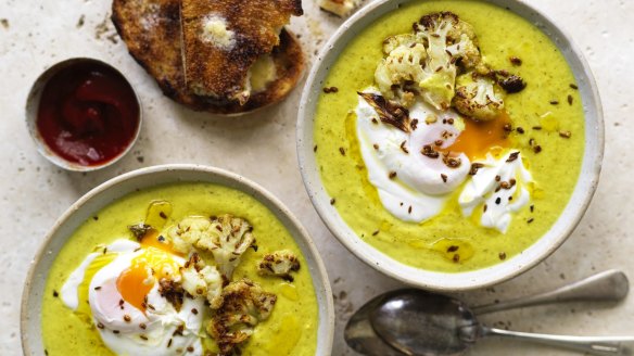 Karen Martini's roasted cauliflower and turmeric soup with yoghurt and poached egg.