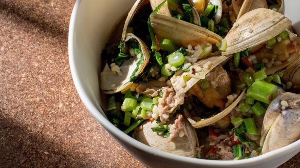 Clams with slow-cooked pig's head, confit garlic and greens is the go-to dish.