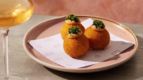 Croquettes, salted cod, avruga, pimento mayo at Casa Rosa.