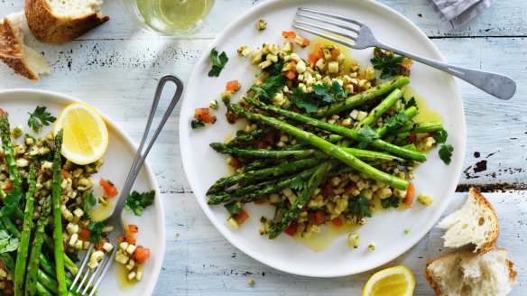 Neil Perry's asparagus with spiced eggplant salad
 