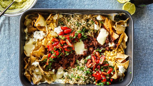 Beef taco rice with creamy, spicy avo dressing (top left).