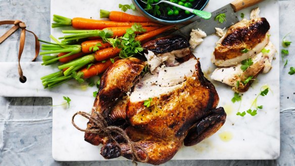Back to basics: Classic roast chicken with buttered vegetables (recipe below).