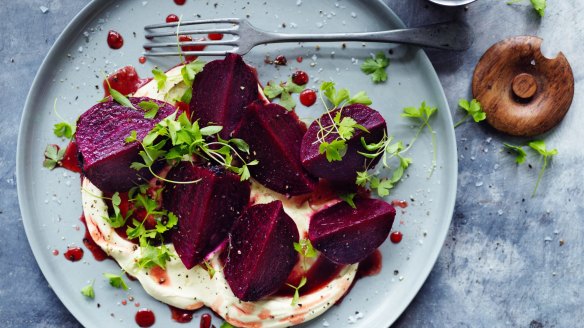 Wine-poached beetroot with mustard cream.