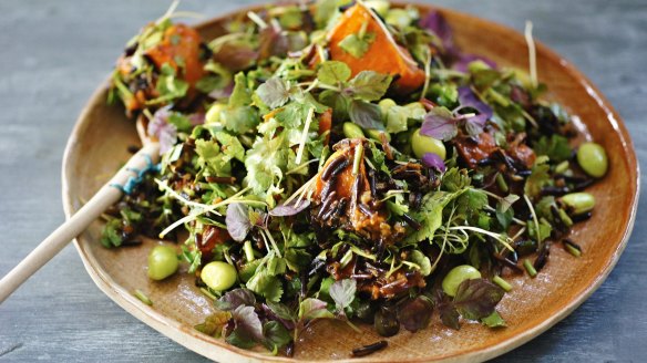 Vegan ginger, miso and sesame dressing with roast pumpkin, wild rice and edamame salad makes a good pegan dish.