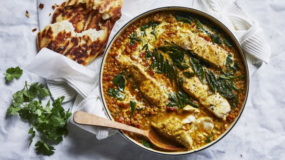 Red lentil and coconut dhal with fish.