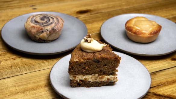 Cinnamon scroll, carrot cake and pear almond tart. 