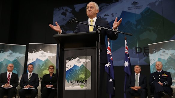 Prime Minister Malcolm Turnbull and Defence chiefs at the launch.