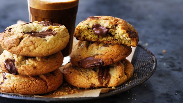 Tahini and orange cookies with molten chocolate pools.