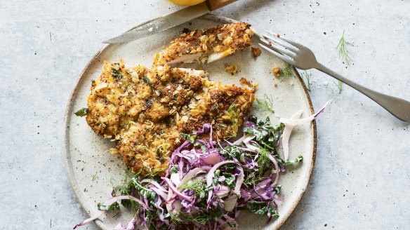 Pub favourite: Chicken schnitzel with cabbage and fennel slaw.