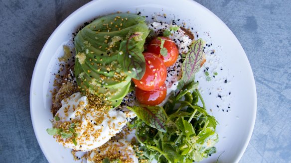 Avocado toast with eggs and tomato. 