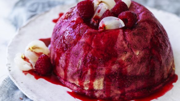 Summer pudding with raspberries and lychees.