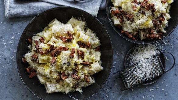 Cauliflower cheese meets carbonara in this creamy pasta.