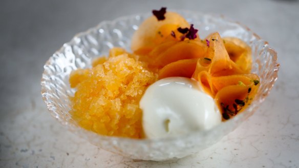 Rose and mastic booza, persimmon granita, pistachio.