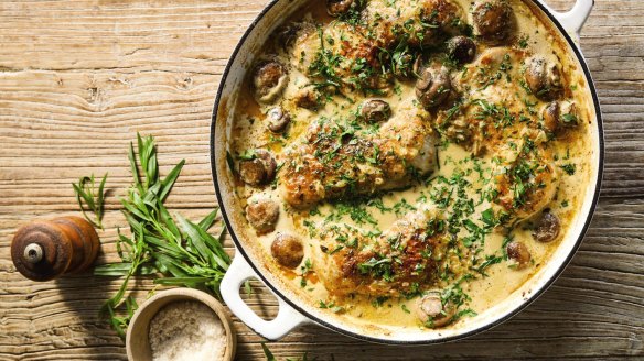 Chicken marylands: The combination of chicken, mushrooms, tarragon and cream is a classic in the French regional repertoire. 