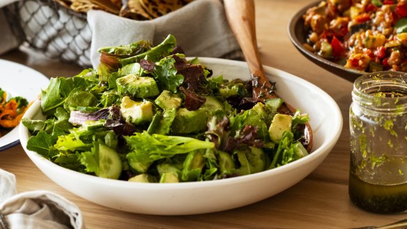Green salad with dill vinaigrette (right).
