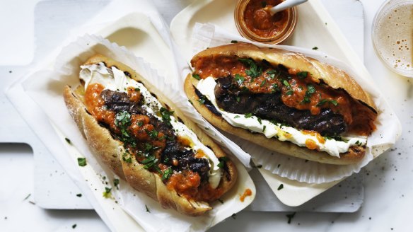 Adam Liaw's cevapcici rolls with sweet ajvar and sour cream.