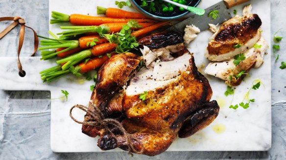 Adam Liaw's perfect roast chicken with buttered vegetables (cooked separately!).