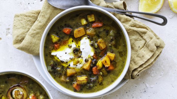 Karen Martini's roasted vegetable and lentil soup is lifted with lemon and yoghurt.