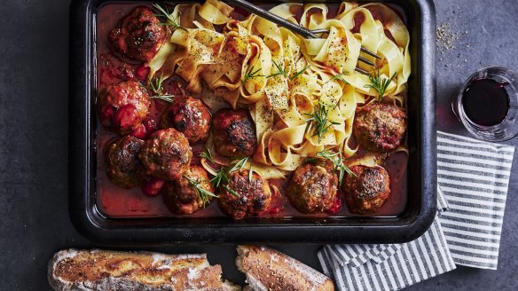 Beef, ricotta and rosemary meatball tray bake.