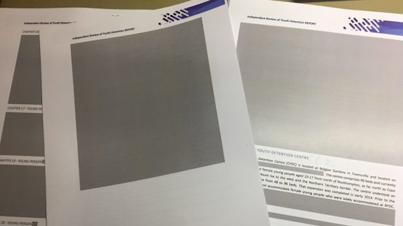 Large parts of the report, including names and photographs, were redacted.