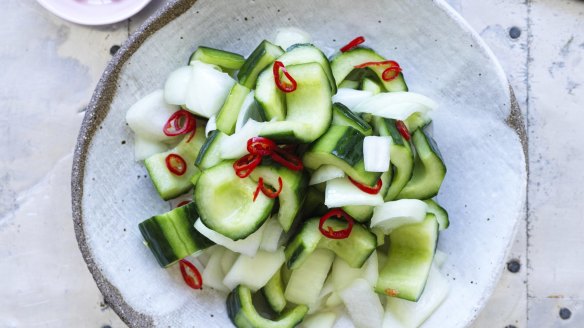 Cucumber and onion in sweet vinegar.