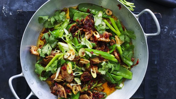 Neil Perry's stir-fried pork with snowpeas and XO sauce.